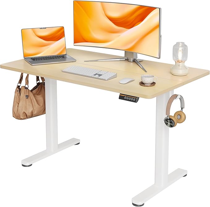 Seang Electric Standing Desk Adjustable Height Stand up Desk with 3 Memory Presets 48x24 Inch Sit Stand Desks with Splice Board for Home Office Computer Workstation White Frame/Nature Top