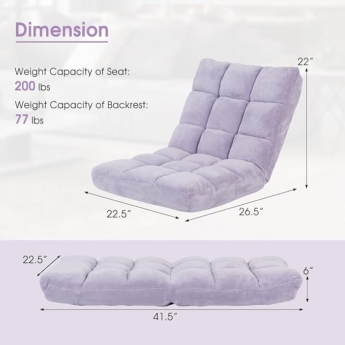 Moccha 14-Position Floor Sofa Folding Sofa Chair with Back Support Memory Foam Floor Gaming Chairs for Adults Adjustable Padded Couch Recliner Chaise Lounge for Reading Meditating (Light Purple)