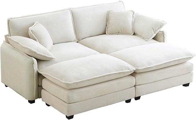 81 Modular Sectional Couch 2 Seat Extra Deep Corduroy Loveseat Sofa with 2 Ottoman Footrest &amp 4 Throw Pillows Modern Upholstered Comfy Couches for Living Room Bedroom Office Apartment Beige