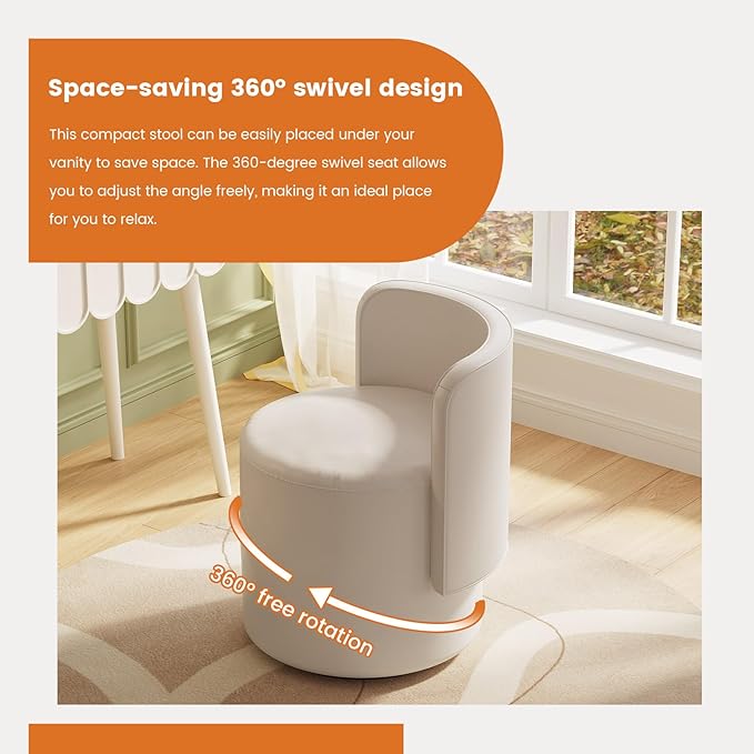360° Swivel Vanity Chair with Back Modern Upholstered Leather Makeup Chair Comfortable Armless Accent Stool for Bedroom Living Room or Dressing Table Gray