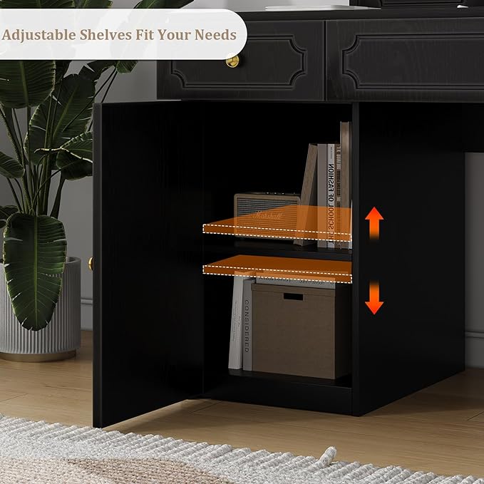 Catrimown Black Desk with 7 Drawers 54 Inch Computer Desk with Cabinet for Work Writing Study Vanity Desk with Golden Handle for Girls Bedroom