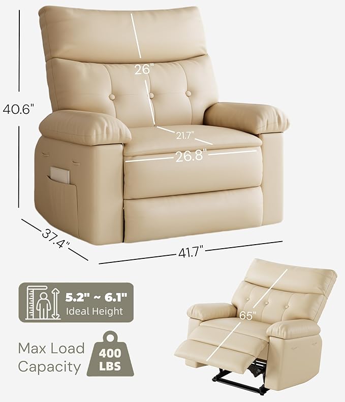 Garvee Oversized Recliner Chair Large Manual Recliner for Adults Lazy Chair PU Leather 1.5X Sponge Filling with Massage &amp Heat - Beige