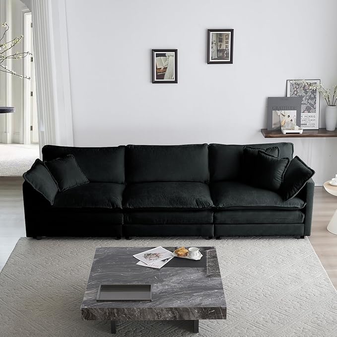 KIVENJAJA Chenille Modular Sectional Couch Modern 3 Seater Comfy Deep Seat Cloud Sofa with 5 Pillows for Living Room Bedroom Office Apartment 111.5”W Black