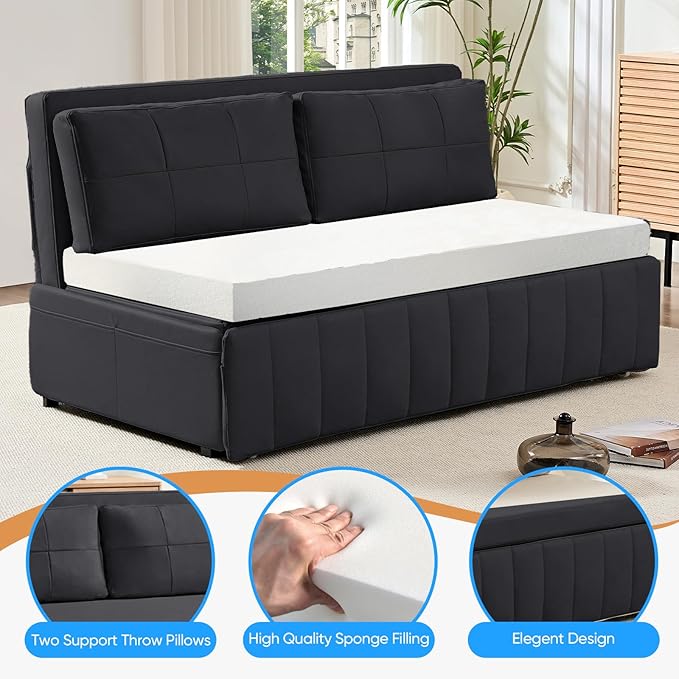 PUREMIND Queen Pull Out Sofa Bed 3 in 1 Convertible Sleeper Sofa Couch with Pull Out Bed Modern Armless Loveseat Couches Foldable Sleeper Couch Bed for Living Room Guest Room