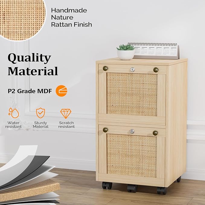 VINGLI 2 Drawer File Cabinet with Lock Rolling File Cabinets for Home Office Small Printer Stand Wood Rattan Oak File Organizer Under Desk Filing Cabinet on Wheels for Folders with Tabs