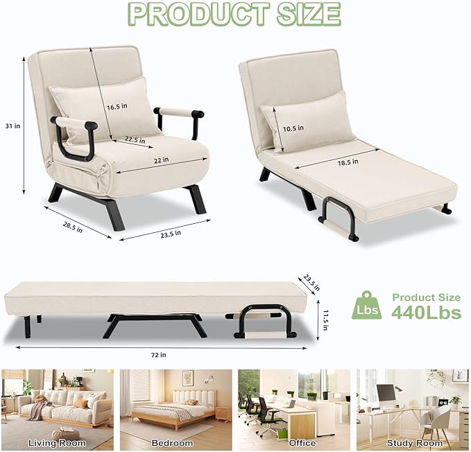 Folding Sofa Bed Sleeper Chair3-in-1 Single Convertible Sofa with Adjustable BackrestLazy Bed Leisure Recliner with PillowTri-fold Upholstered Armchair (Beige Standard)