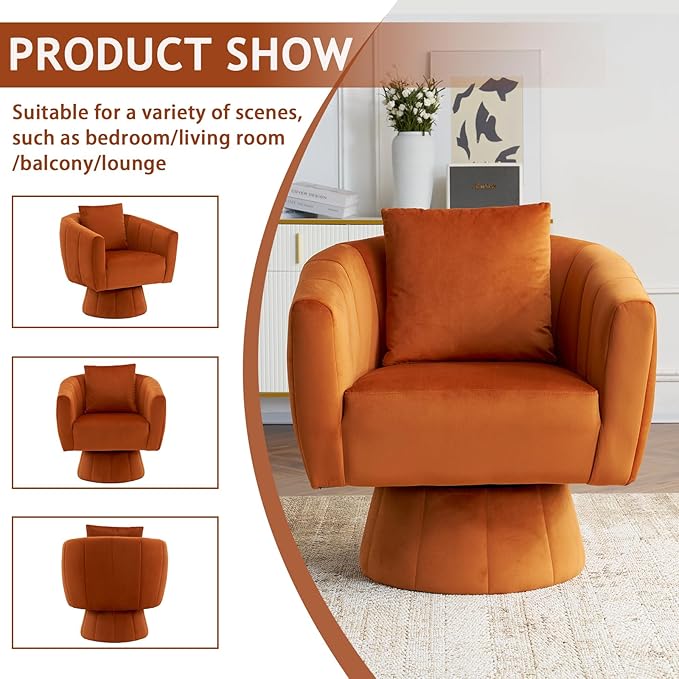 Swivel Accent Chair Set of 2 Modern 360°Swivel Barrel ChairComfy Velvet Fabric Living Room Chair with Fluffy CushionsUpholstered Armchair for Living RoomBedroomLounge (Orange)