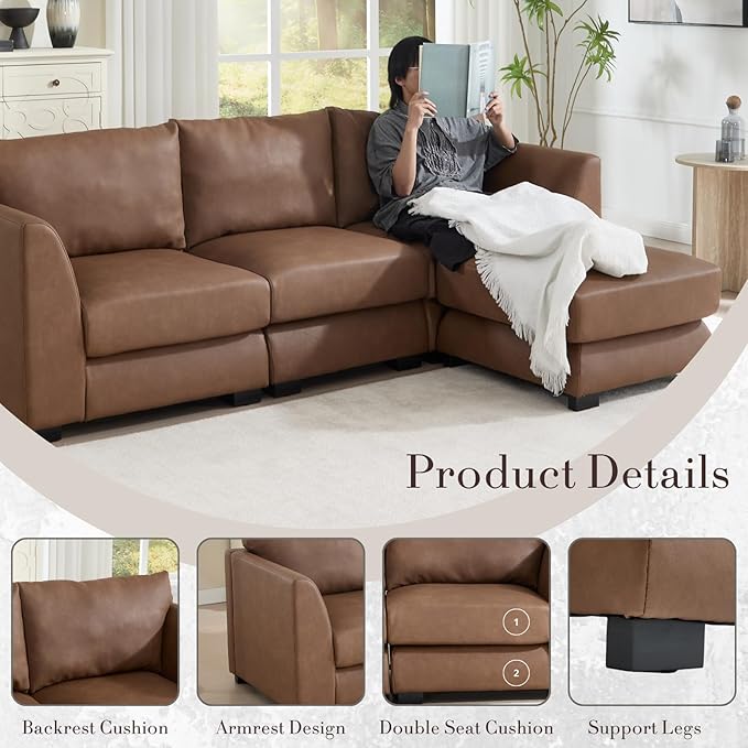 HEAH-YO 91 Inch Modular Sectional Sofa 3-Seater Sectional Couch with Movable Ottoman L Shaped Comfy Cloud Couch for Living Room PU Brown