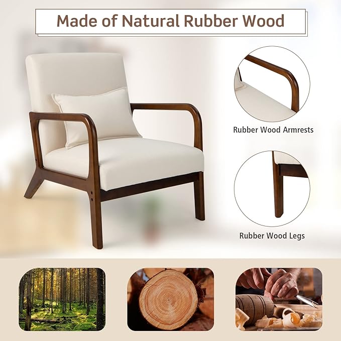 KOTEK Mid Century Modern Accent Chair with Lumbar Pillow Reading Arm Chair with Rubber Wood Frame Upholstered Seat &amp Back Waist Cushion Fabric Lounge Armchair for Living Room Bedroom (2 Beig