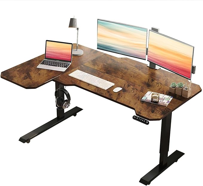 L-Shaped Electric Standing Desks Adjustable Height Black Wood Top Rising Desks for Home Office 59 Inch Sit Stand Desk Electric with Wheels &amp Type-C Port/Controller (Rustic Brown)