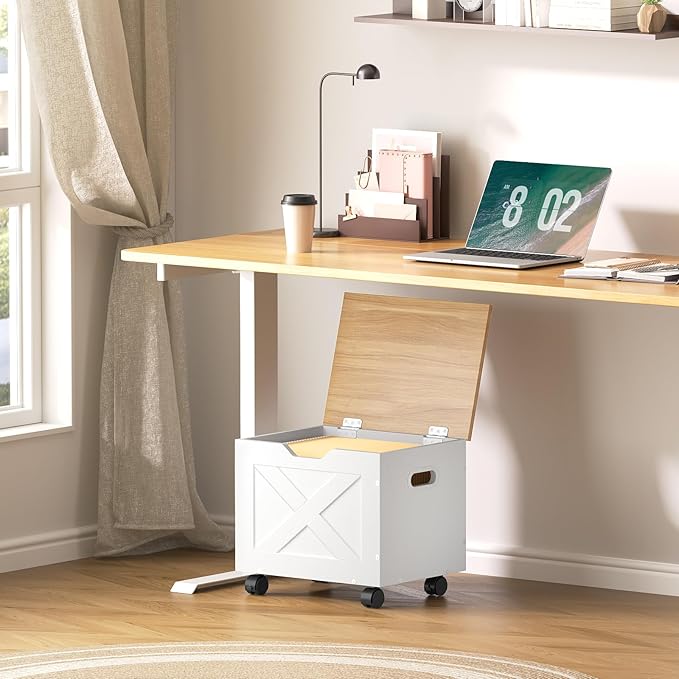 Rolling Filing Cabinet Small File Cabinet Under Desk with Single Drawer Hanging File Organizer for A4/Letter-Size Documents Organizer Box for Home Office White and Natural FCBN4001