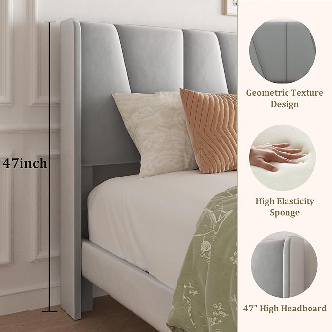 Full Bed Frame with Storage Drawers Upholstered Full Size Platform Bed with 47 Tall Headboard and Wingboard No Box Spring Needed Noise Free Easy Assembly Wooden Support Slats Light Grey