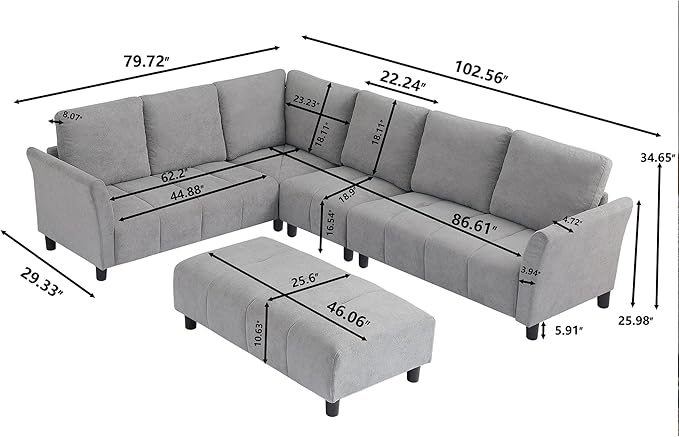 Sectional Sofa with Ottoman 102'' L Shaped Couch Set Modern 6 Seater Sectional Corner Couch with Back CushionsUpholstered Couches for Living Room Apartment Office Light Grey