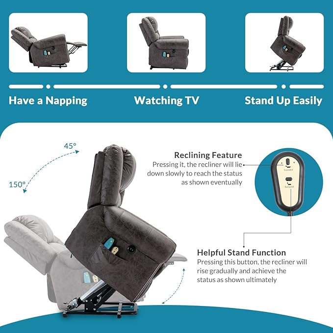 Power Electric Lift Recliner Chair with Massage and Heat for Elderly 2 Remote Controls 2 Side Pockets and USB Ports (Grey)