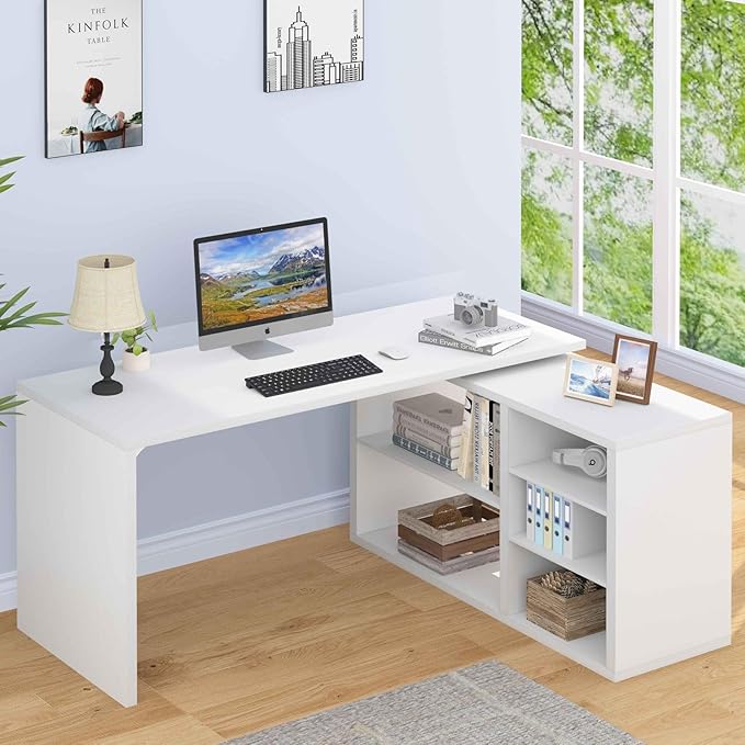 HSH White L Shaped Desk with Shelf Reversible Modern Home Office Desk Workstation L Shape Computer Desk with Storage Cabinet Drawer Industrial Wood Corner Table for Work Study Writing Gaming 55 In