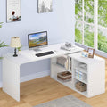 HSH White L Shaped Desk with Shelf Reversible Modern Home Office Desk Workstation L Shape Computer Desk with Storage Cabinet Drawer Industrial Wood Corner Table for Work Study Writing Gaming 55 In