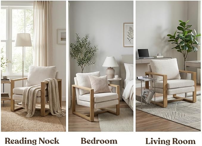 CIMOTA Modern Mid Century Accent Chair Comfy Armchair with 8.5 Thick Cushion &amp Armrests Upholstered Reading Lounge Chair with Natural Wood Frame for Living Room Bedroom Office Beige