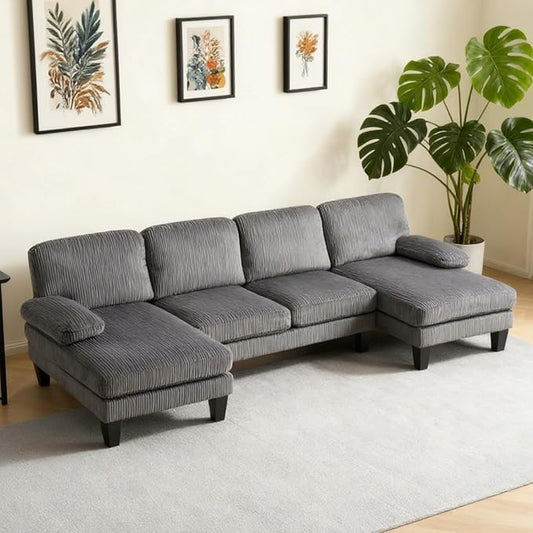 Karl home U-Shape Sectional Sofa Couch 111 Modern 4-Seat Sofa with Chaises Corduroy Fabric Upholstered Covertible Couch with Wood Grain Legs for Living Room Reception Room Apartment Dark Gray