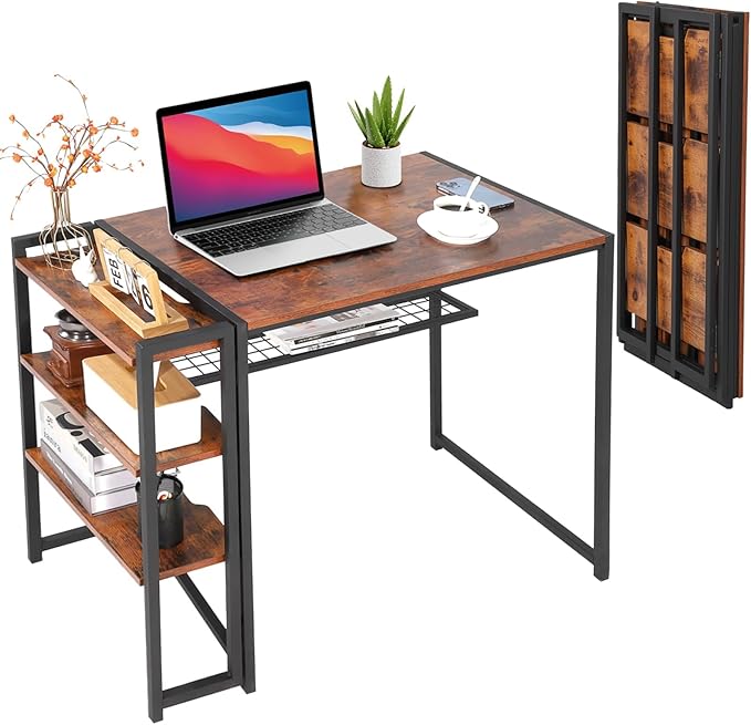 35 Folding Desk Pre-Assembled No Assembly Computer Writing Desk with Storage Shelf Portable Space Saving Desk for Bedroom Home Office Dorm Apartment Brown
