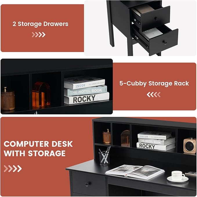 LDAILY Modern Home Office Desk with Hutch Office Desk with USB Charging Ports and Power Outlets Computer Desk with 5 Storage Cubbies and 2 Drawers Writing Study Desk for Bedroom (Black)