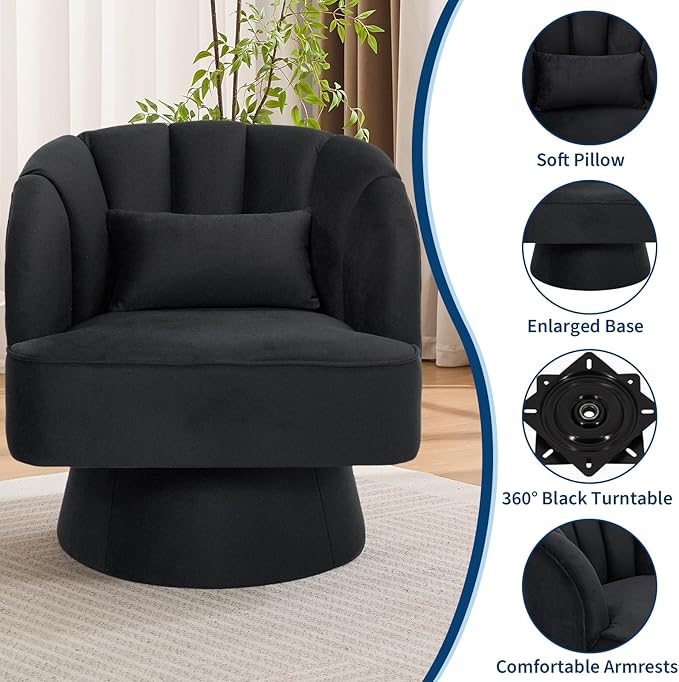 GarveeHome Modern Swivel Barrel Accent Chair 360 Degree Velvet Upholstered Armchair with Striped Backrest &amp Plush Padding Comfy Round Lounge Chair for Living Room Bedroom Reading Nook Black