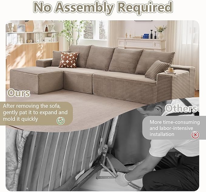 140 L Shaped Cloud Sectional Couch for Living Room Modular Floor Deep-Seat Sofa Big Comfy Corduroy Couches Set with Fluffy Memory Foam for Living Room Bedroom No Assembly Required Camel