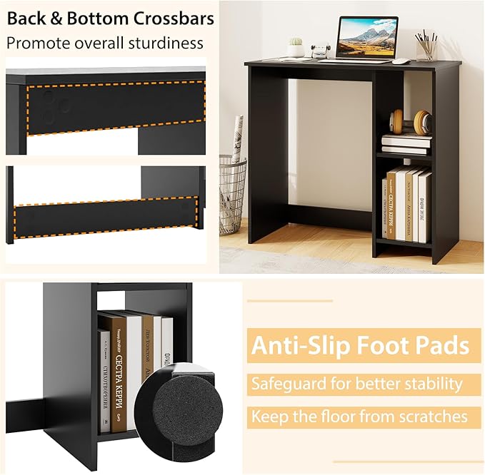 Black Computer Desk Modern Writing Desk with Storage Shelves Compact Gaming Table Wood Home Office Desks Small Desk for Bedroom Living Room Study (Black)