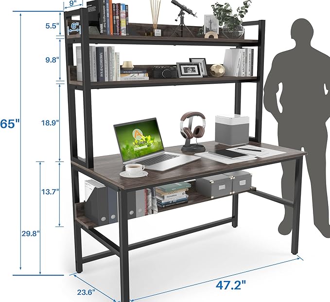 Aquzee Desk with Hutch Bookshelves Computer Desk with 3 Tiers Storage Shelves Space Saving Design Black Metal Legs Desk with Grey Board Easy Assemble