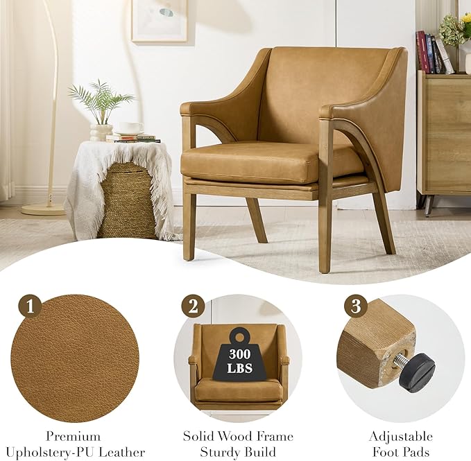 Mid Century Modern Accent Chairs Set of 2 with Barrel Back Upholstered Armchair Comfy Reading Chairs with 4 Thick Cushion Solid Wood Legs for Living Room/Bedroom/Reading Corner PU Fabric Brown