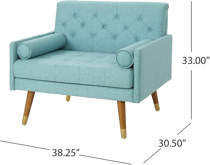 38 Comfy Chair and A Half with Button Tufted Backrest Round Armrest Pillows Mid Century Modern Oversized Accent Chair with Wood Legs for Living Room Bedroom or Small Spaces (Blue)