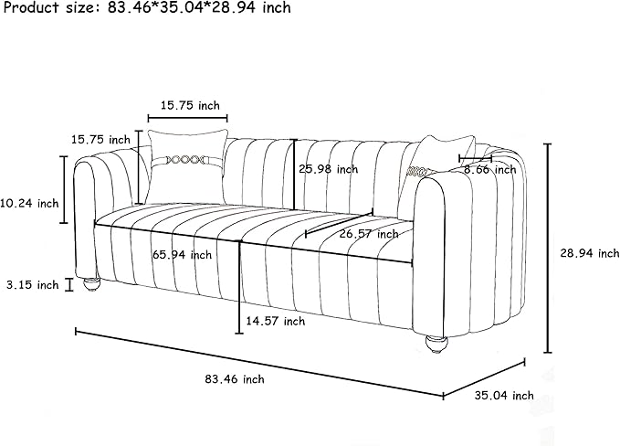 83'' Velvet Sofa for Living Room Modern Comfy Couch 3-Seater Apartment Sofa with 2 Pillows &amp Golden Metal Legs