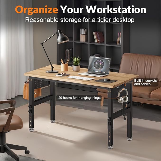 Standing Desk Stand up Desk 48x24 Inches Sit Stand Home Office Computer Desk with Power Outlet &amp Pegboard Rubber Wood Top