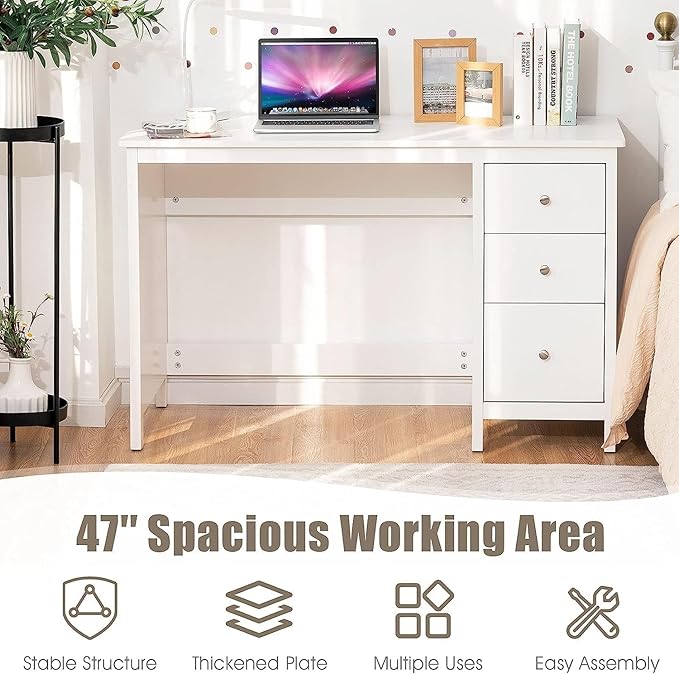 GOFLAME 3-Drawer Computer Desk Study Desk with Spacious Desktop Modern Writing Desk Compact Laptop Desk Multipurpose Workstation for Home Office White
