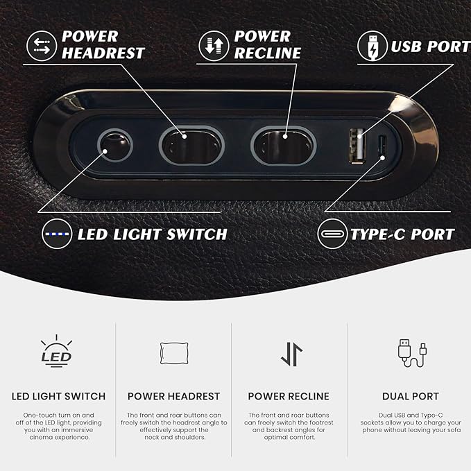 Power Reclining Loveseat with Console Power Loveseat Recliner Sofa with Adjustable Headrest/LED Light/Wireless Charging/Arm Storage Power Recliner Loveseat for Living Room (Brown 2 Seater)