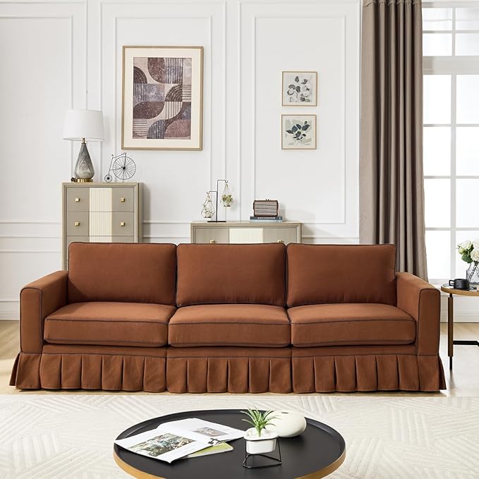 3 Seats Modular Sectional Sofa Couch 98 Modern Brown Linen Fabric Cloud Couches with Skirts &amp Washable Covers Oversized Upholstered Accent Sofa Couch with Deep Seat &amp Pillow for Living Room
