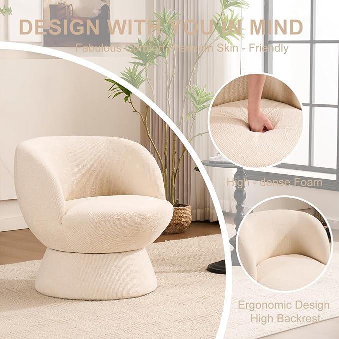 360° Swivel Boucle Bucket Chair Accent Barrel Makeup Vanity Chair Modern Lounge Single Sofa with Padded Armrest for Dining Room Living Room Bedroom and Home Office. (Beige)