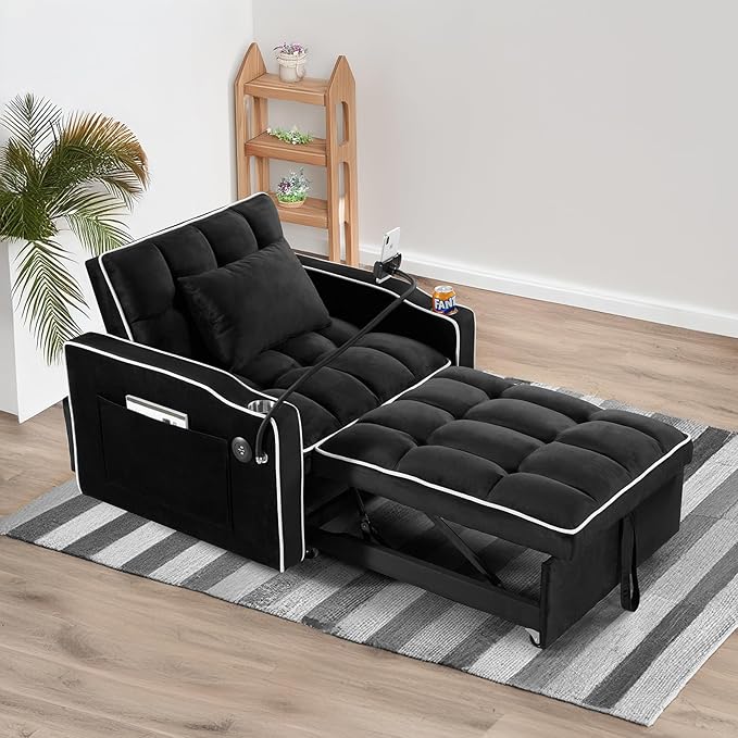 3 in 1 Convertible Sleeper Chair Bed with USB Ports Cup Holder and Phone Stand Velvet Pull Out Futon Sofa Beds Adjustable Backrest Single Sofa Chair for Small Spaces Living Room Office (Black)