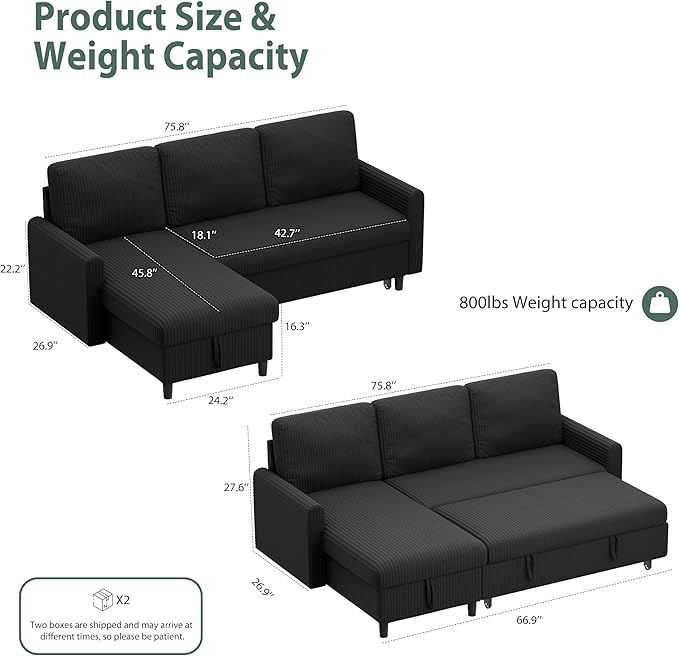 Sofa Bed Couch Sectiona Sofa 4-in-1 Multifunctional Pull-Out Couch Sleeper Sofa Couch with Storage Chaise Pullout Sectional Couches for Living Room/Office/ApartmentBlack