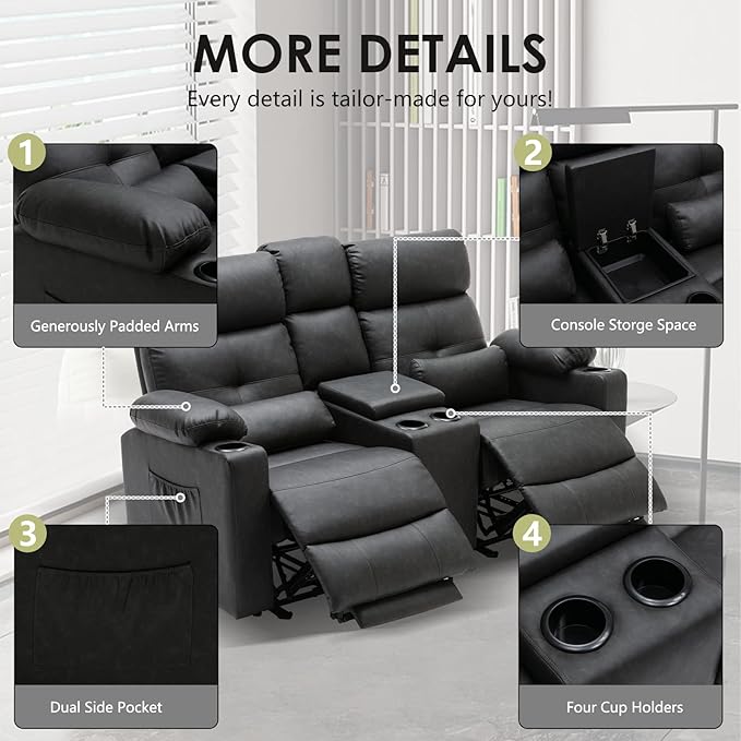 Power Reclining Loveseat with Console Power Loveseat Recliner Sofa with Heat and Massage Extended Footrest Wall Hugger RV Recliner with Cup Holders Lumbar Support for Living Room