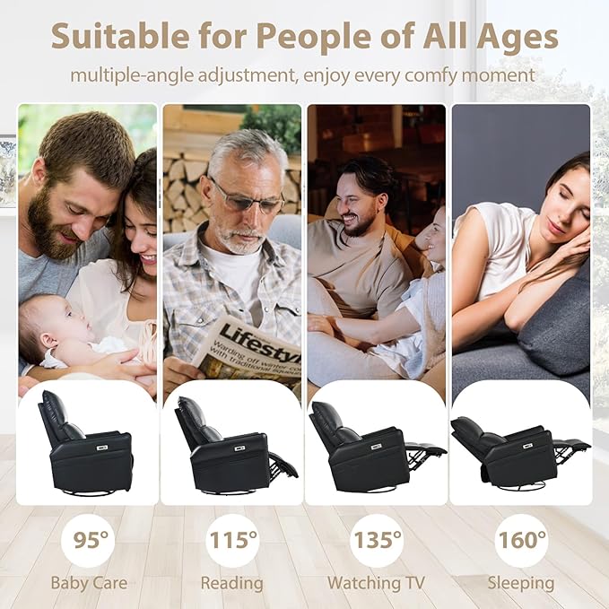 cinkehome Power Swivel Rocker Recliner with USB Overstuffed Electric Reclining Chair Faux Leather Rocker Recliner for Nursery Living Room Black