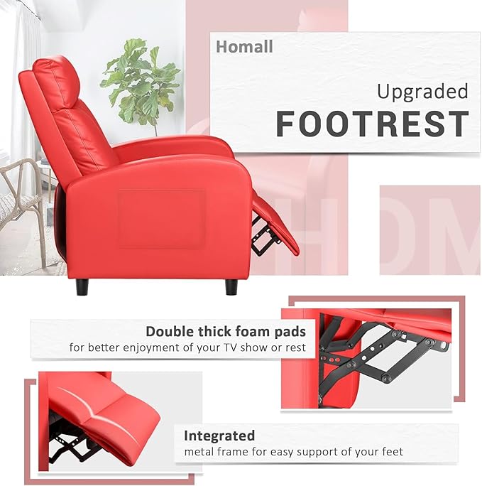 Homall Recliner Chair Recliner Sofa for Adults Recliners Home Theater Seating with Lumbar Support Reclining Sofa Chair for Living Room (Leather Red)