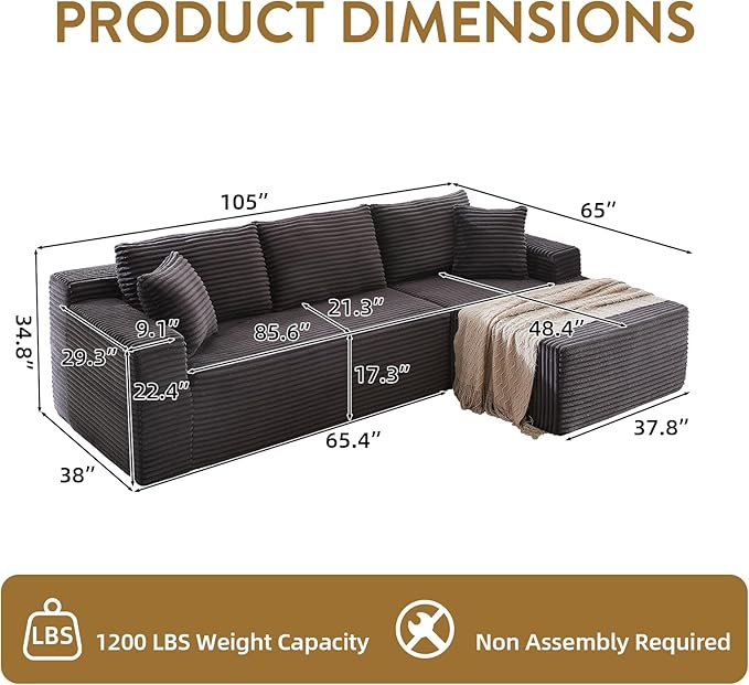Cloud Sectional Couch with L-Shape Chaise 105 Modern Minimalist Modular Sectional Sofa Fluffy Corduroy Upholstered Couches for Living Room No Assembly Required (Dark Grey)