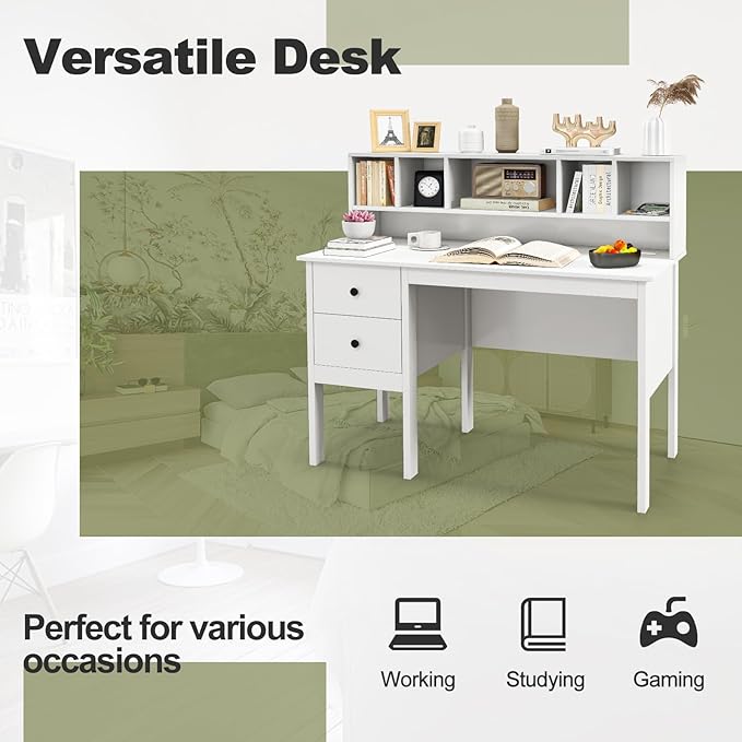 Giantex White Desk with Drawers &amp Hutch Home Office Desk with Charging Station 5 Storage Cubbies Makeup Vanity Table Modern Study Writing Desk PC Laptop Desks Computer Workstation for Bedroo