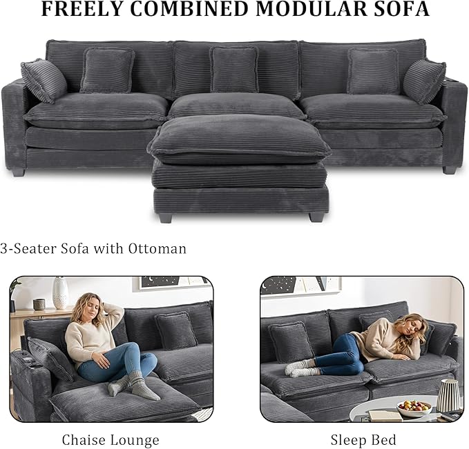 Gexpusm Modular Sectional Sofa99 Couches for Living RoomCorduroy Sofa with Ottoman &amp PillowCloud Sectional Couch with Cup Holders &amp USBSide Pockets3-Seat Corduroy Boneless Chair Indoor (