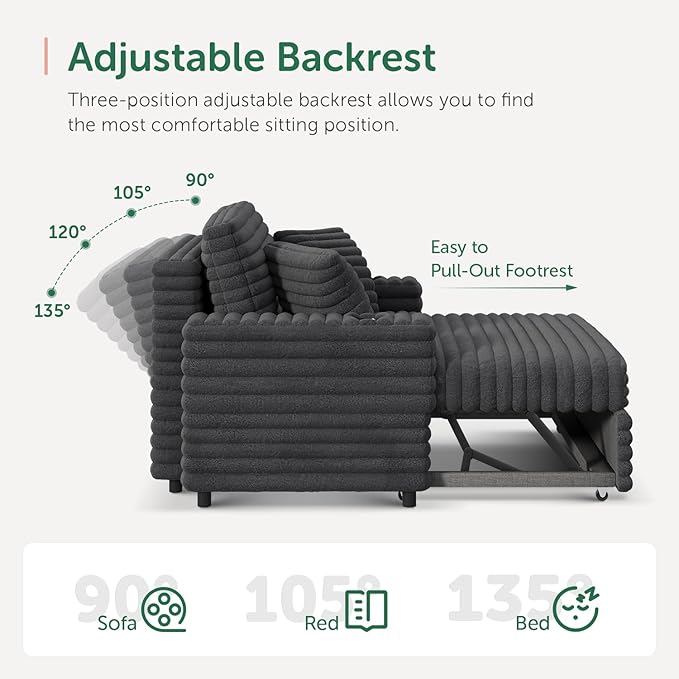 Plush Sofa 52” 3-in-1 Convertible Pull-Out Sofa Bed Sleeper Loveseat with Built-in Cup Holders Reclining Backrest Pet-Friendly for Small Space - Grey