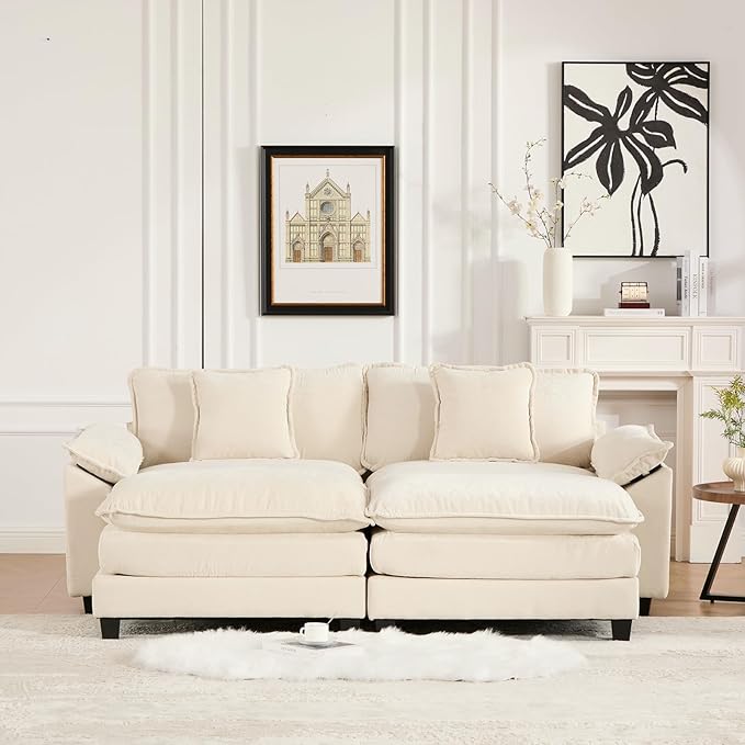 81.9 Oversized Beige Loveseat Sofa 2 Seater Large Sectional Couches for Living Room Chenille Fabric Modular Sectional Sofa with 2 Ottoman Deep Seat Wide Armrest Home Sofas Set Love Seat Couches