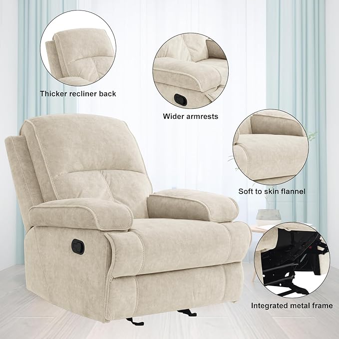 Manual Rocker Recliner Chair for Adults High Back Glider with Deep Seat Upholstered Fabric Armchair for Living Room &amp Nursery Beige