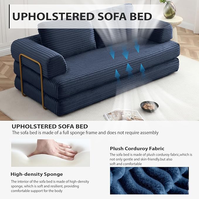 80” Convertible Sleeper Sofa Bed High Back Plush Corduroy Boneless Futon Loveseat with Pull Out Bed Fixed-Shape Folding Floor Mattress Couch No Assembly Required (Blue)