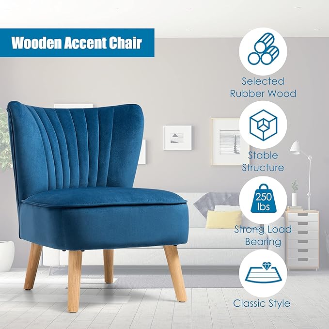 S AFSTAR Armless Accent Chair Velvet Modern Chair with Rubber Wood Legs and Thick Sponge Seat Upholstered Leisure Wingback Sofa Chair for Living Room for Bedroom Living Room (2 Blue)