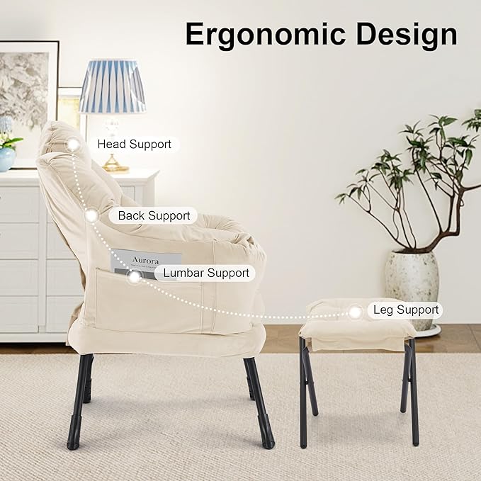 Lazy Chair with OttomanOversized Accent Chair with Thick Cushion Side PocketModern Lounge Arm Reading Chair and Folding Footrest for Living RoomBedroomOfficeDormApartment Beige